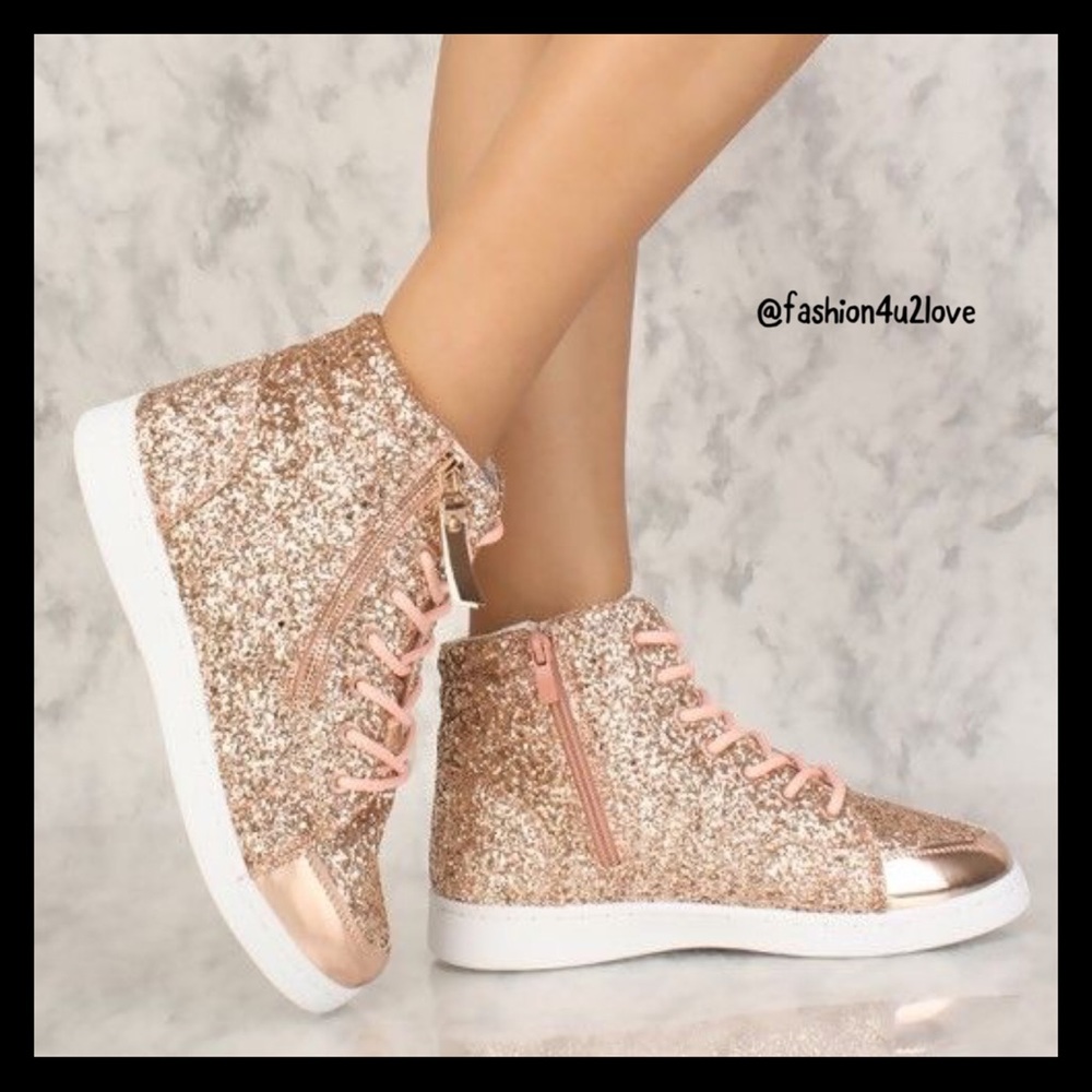 Rose Gold Sequin Lace Up Ankle Sneakers! - Picture 1 of 5